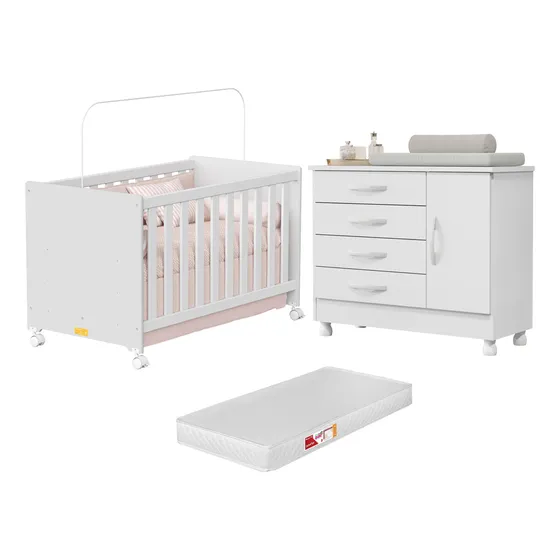 Berço Cômoda 3x1 Trocador Acoplado Vira Mini Cama E Colchão 
