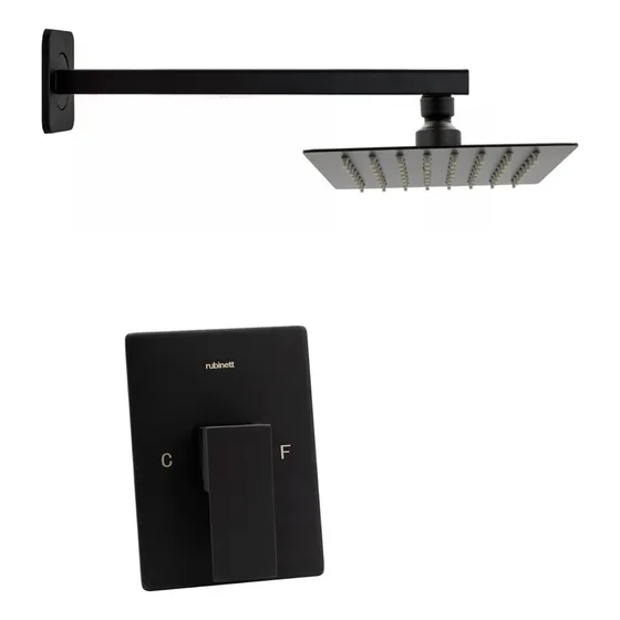 Regadera Cuadrada 15cm Con Brazo Y Monomando Negro Mate Lujo