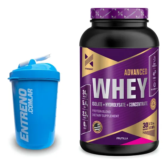Advanced Whey Protein Xtrenght Proteína Isolada Concentrada Hidrolizada 2lb Sabor Frutilla + Shaker Batidor 600ml - Crecimiento Muscular