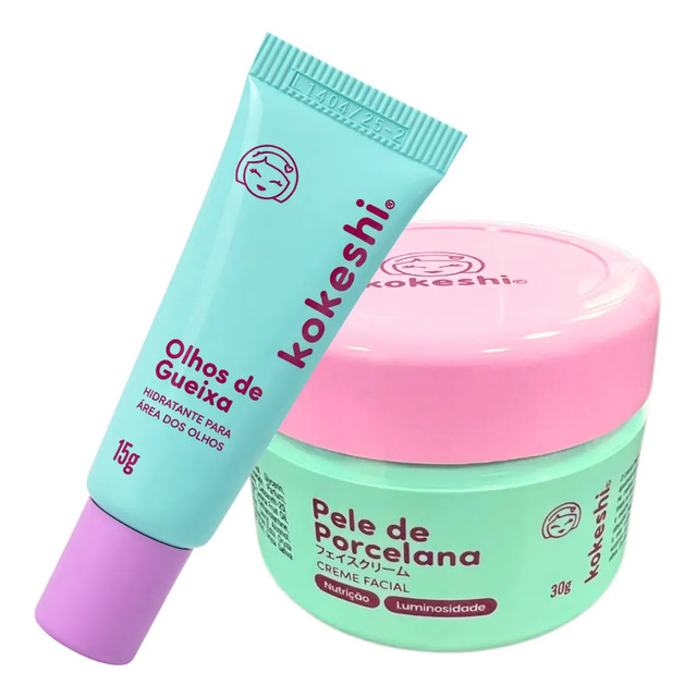 Kit de skincare Kokeshi contendo um pote de creme facial Pele de Porcelana de 30g e um tubo de creme para a área dos olhos Olhos de Gueixa de 15g, ambos com embalagens nas cores azul claro e rosa.