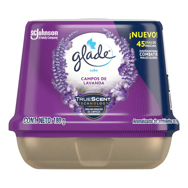 Aromatizante de Ambiente en Gel Glade Cubo, TrueScent Technology con Aceites Esenciales, Elimina Malos Olores, Fragancia Hasta Por 45 Días, Aroma Campos de Lavanda, 180g