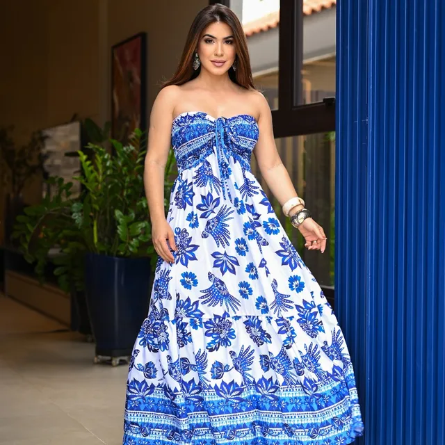 Vestido Longo Lastex Tomara Caia Com Alça Franzido Regulável
