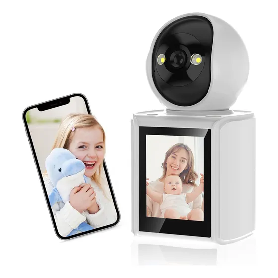 Câmera de Segurança 2K Interior com Tela 2.8" e Visão 360°: Monitor para Bebês, Idosos e Pets, Detecção por IA, Rastreamento Automático, Chamada de Vídeo, Visão Noturna Infravermelha