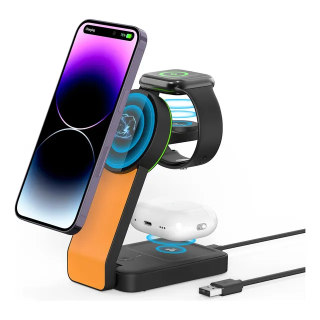 Toneof W79 Cargador Inalámbrico Magnético Soporte 3 en 1 15W Carga Rápido Wireless Charger Compatible con Magsafe iPhone16 16 Plus 16 Pro 16 Pro Max 15 14 13 12 Series y AirPods iwatch