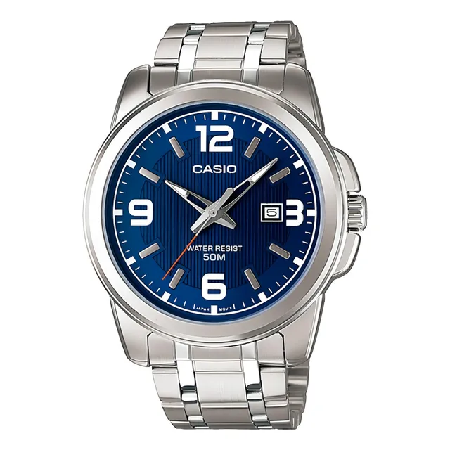 Reloj pulsera Casio MTP-1314 con correa de acero inoxidable color plateado - fondo azul