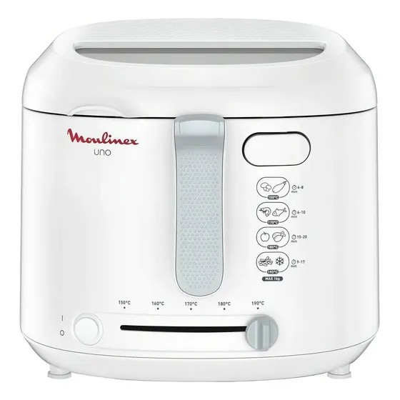 Freidora con aceite Moulinex Uno, con bowl antiadherente, 1 kg y 1,8 litros de aceite, con filtro antihumo y olores, paredes frias al tacto, termostato regulable, ventana visor, Color Blanco | Cuotas sin interés