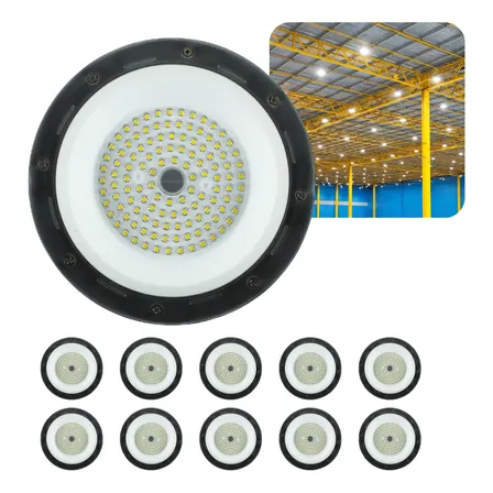 Kit 10 Luminárias Led Ufo 200w High Bay Galpão Bivolt 6500k 127/220v Preto Branco-frio