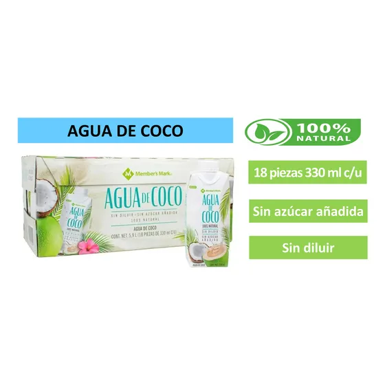 Agua De Coco Member's Mark 100% Natural 18 Piezas De 330 Ml
