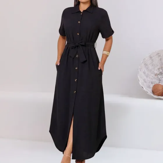 Vestido Chemise Longo Feminino Cinto Botões Elegante Fenda