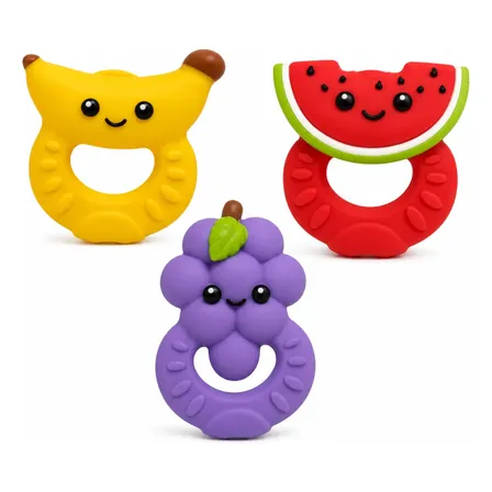 Kit 3 Mordedor Bebê Látex 100% Natural Macio Atóxico Sem Bpa Amarelo Vermelho E Roxo Frutinhas