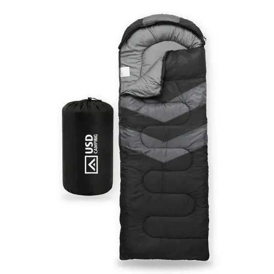 Saco De Dormir USD Impermeável Confortável 2,10m X 80cm Para Camping Com Bolsa De Transporte – Preto E Cinza