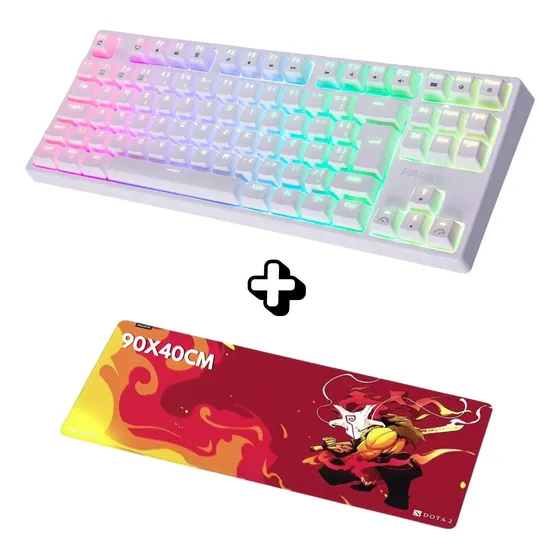 Kit Teclado Gamer Fallen Pantera Pro Branco Tkl Switch Prata + Mousepad Gamer Fallen Dota2 Omnislash Speed++ Estendido 90x40cm