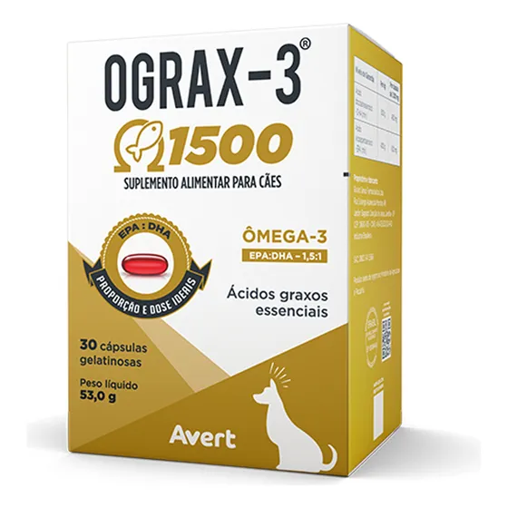 Ograx 3 1500mg Avert 30 Cápsulas Ômega 3 Para Cachorro Gato