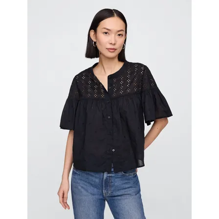 Blusa Mujer Gap Eyelet Manga Corta Negro