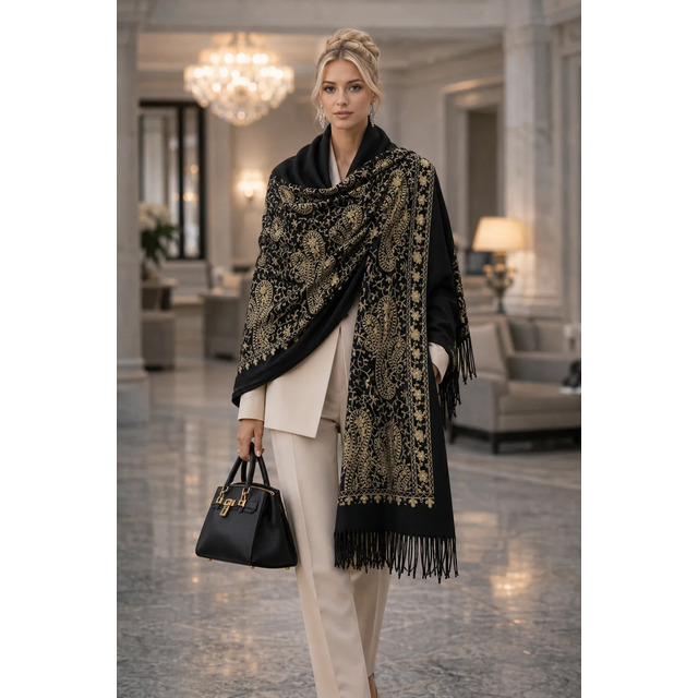 Pashmina Cashmire Bordado Fio Dourado Cachecol Inverno Luxo Preto Bordado Grande Pashmina Cashmire Bordado Fio Dourado Cachecol Inverno Luxo Preto Bordado Grande