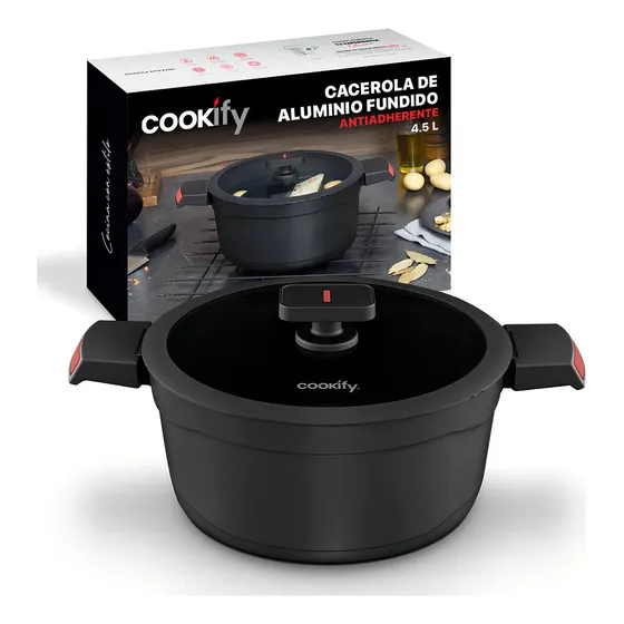 Olla Cacerola Antiadherente 24 Cm Con Tapa Cookify 4.5 Lts. | Alu-tech Series | Libre De Pfoa, Cocción Uniforme, Mango Ergonómico. Color Aluminio Fundido Negro