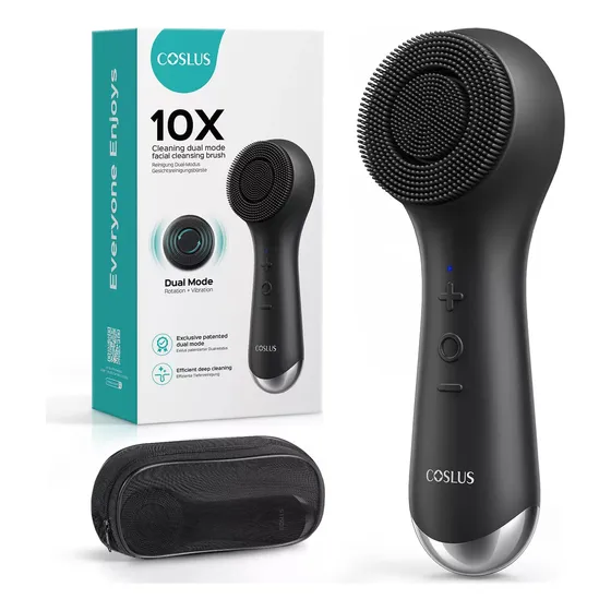Coslus - 2 En 1 Portátil De Silicona Exfoliante Eléctrico Cepillo Facial, Rotación Y Vibración, 5 Velocidades Ajustables, Espuma Automática, Incluye Bolsa De Almacenamiento, Cuidado Facial Ideal.