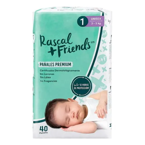 Pañales Rascal Premium Etapa 1 Unisex 40 Pzas Talla Recién nacido (RN)