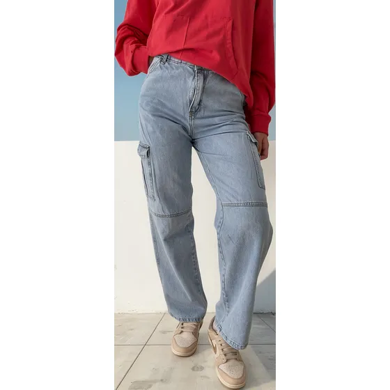 Cargo Jeans Mujer Rigido Celeste Tiro Medio Alto Denim.