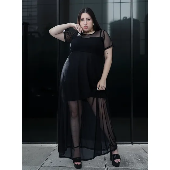 Vestido Largo Mujer Ananá Plus Size Tul Negro Talle Grande