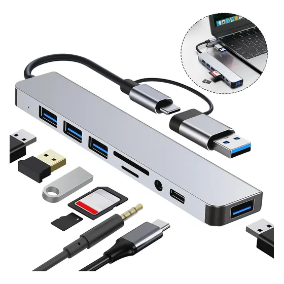 Adaptador Hub Usb-c E 3.0, 8 Em 1 P2 Estéreo Usb Sd Cartões