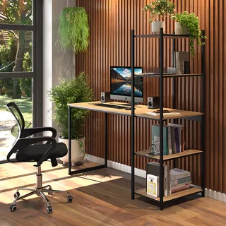 Mesa Escrivaninha Com 5 Prateleiras Vintage Design Laminado Com Preto- Madeira E Metal Com Tons Em Mel Para Home Office Estilo Industrial Para EscritĂłrio/quarto Mesa Escrivaninha Com 5 Prateleiras Vintage Design Laminado Com Preto- Madeira E Metal Com Tons Em Mel Para Home Office Estilo Industrial Para EscritĂłrio/quarto