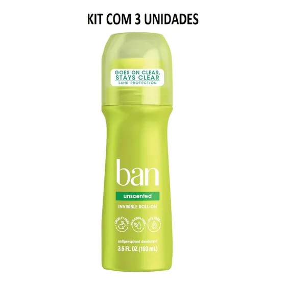 3un De Desodorante Roll-on Ban Unscented S/perfume C/ 103ml
