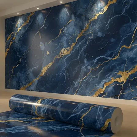 Papel De Parede Mármore Azul Dourado Lavável Autocolante 3d Azul-escuro 3 Metros
