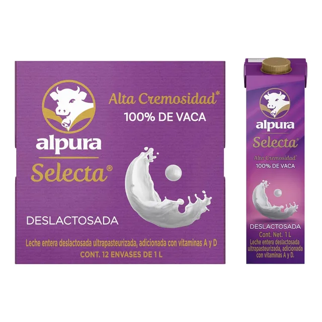Caja De Leche Alpura Selecta Entera Deslactosada X12u 12l