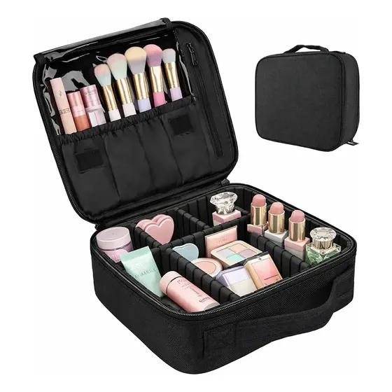 Maletin Neceser Valijita Porta Cosmetico Organizador De Maquillaje Rosa Con Divisiones Ajustables Estuche Portátil Con Cierre, Cosméticos, Perfumes, Brochas Y Viajes Levys Bazar Color Negro