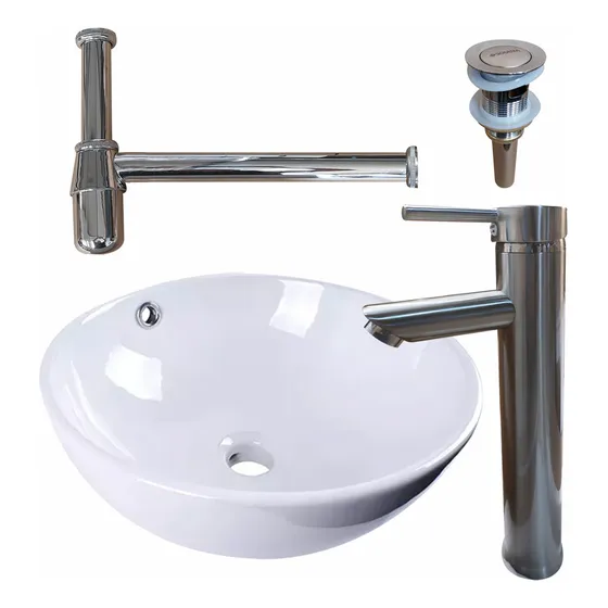 Solana Paquete Lavabo Ovalin Cerámico De 38cm Blanco Con Grifo De Acero 29cm + Contra Push Con Rebosadero Y Cespol Níquel / Modelo Gerber-1 Kit Completo Para Tocador De Baño / Hotel /oficina
