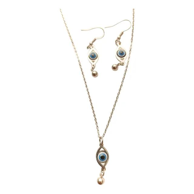 Cadena Collar Mujer Ojo Turco + Aretes Acero Plateado