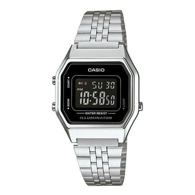 Relógio digital Casio Vintage modelo LA680WA-1BDF com pulseira e caixa em aço inoxidável prateado e visor preto