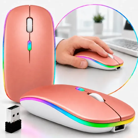 Mouse Sem Fio Recarregável Wireless Bluetooth Optico Led Rgb Ergonômico Para Pc Desktop Notebook Tablet Smartphone Rosa Gold