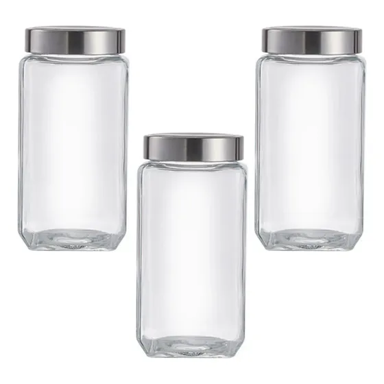 3 Potes Vidro 0,7l Porta Mantimentos 700ml Tampa Rosca Inox