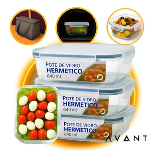 Kit 4 Potes Vidro 640ml Hermético Marmita Forno Refratårio Kit 4 Potes Vidro 640ml Hermético Marmita Forno Refratårio