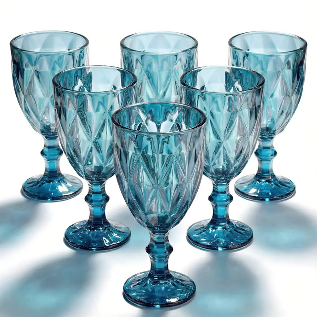 Jogo 6 Taças Vidro Diamond Transparente Azul Bico De Jaca 330ml