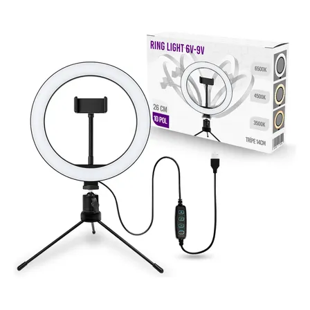Ring Light Dacar 26cm Led Tricolor Com Tripé E Controle Selfie 127/220v Preto