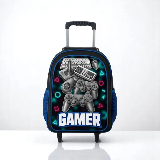 Mochila escolar RDM Rodinha cor azul design gamer 25L