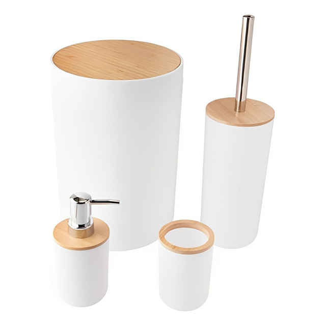 Kit Banheiro Branco Lixeira Porta Escova 4 Peças Tampa Bambu