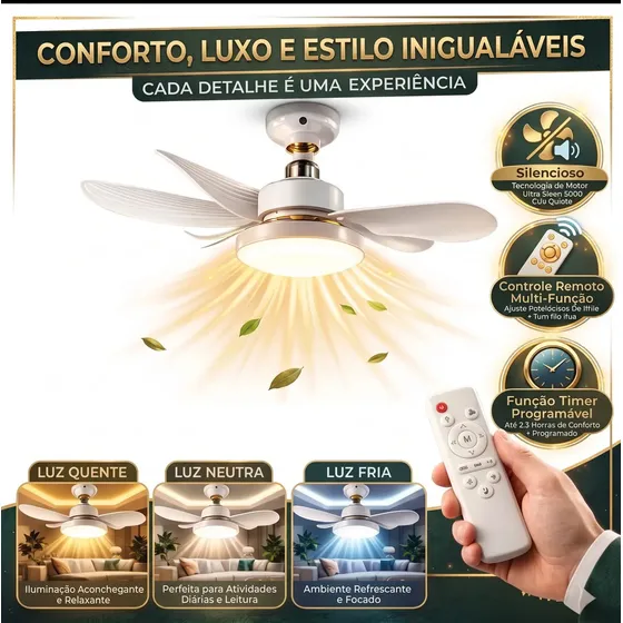 Ventlador de Teto Slencioso Econômico com Luz Led TOP Embutida 3 Cores Ajustáveis Modos Timer Controle Remoto Instalação Fácil no Bocal, Ideal Quarto Sala Cozinha Escritório 6 Pás SAYONARA