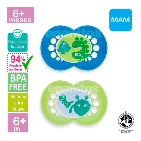 2 Chupones Para Bebés Monster 6+ Con Caja Esterilizadora Mam
