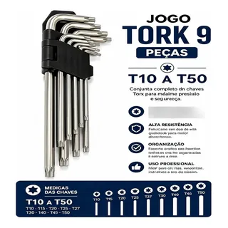 Jogo Chave Torx Longa T10 A T50 9 Peças Cinza