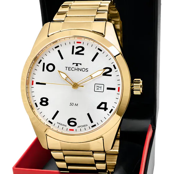 Relógio Masculino Technos Militar Caixa Dourado Fundo Branco A Prova D'água 50m 2115tyq/1k