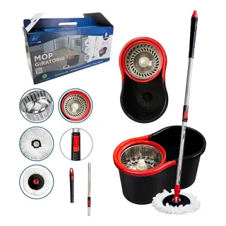 Mop GiratĂłrio 360 Balde De 8l Com Cesto Inox Limpeza Refil Cor Preto/vermelho Mop GiratĂłrio 360 Balde De 8l Com Cesto Inox Limpeza Refil Cor Preto/vermelho
