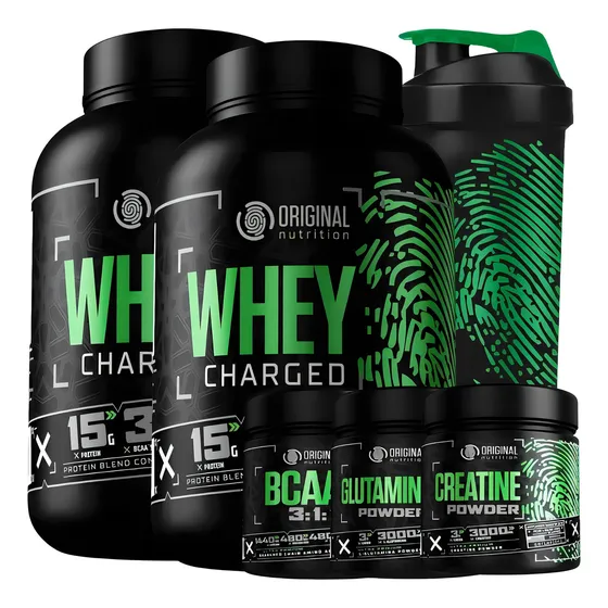 Combo 2x Whey Charged + Glutamina + Bcaa + Creatina + Shaker Sabor Chocolate