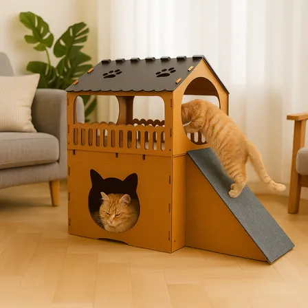 Casinha Gato Toca Rampa Casa Caminha Pet Arranhador Luxo Mdf Cor Caramelo