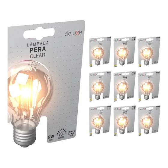 Kit 10 Lampadas Led Pera Filamento Clear 9w 2700k Branco Quente E27 127/220V Cod: 352010379-10 Deluxe By Avant