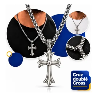 Corrente Cordão Masculino Aço Inox Cruz Crucifixo CH Double Cross Colar Baiano Presente Cor Prata Addiesdive
