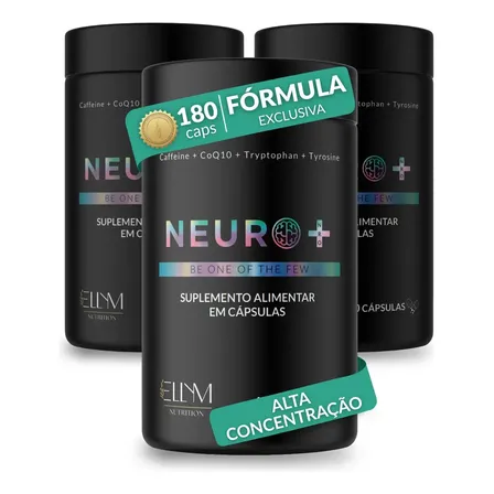 Kit 3 Neuro+ 60 Capsulas Nootropico Energético Foco Cafeina Taurina Magnesio Triptofano Taurina B12 L-tirosina B3 B9 Memoria Energia Triptofano Vitaminas D Coenzima Q10 Ellym Nutrition Sem Sabor